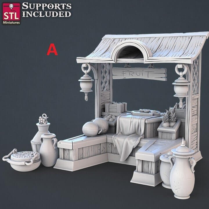 "Food Vendors Set STL Miniatures marketplace vendors side angle Border3D LLC"