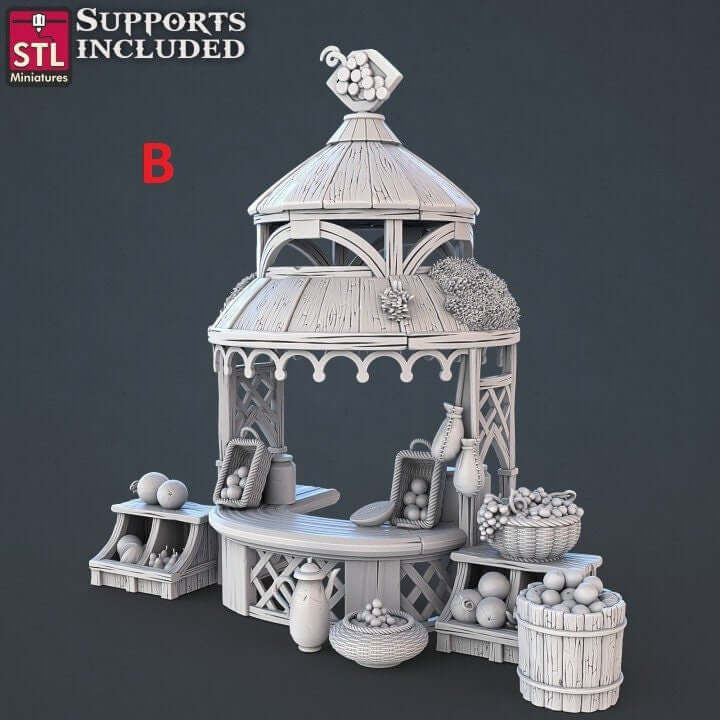 "Food Vendors Set STL Miniatures vendor stalls detail close-up Border3D LLC"