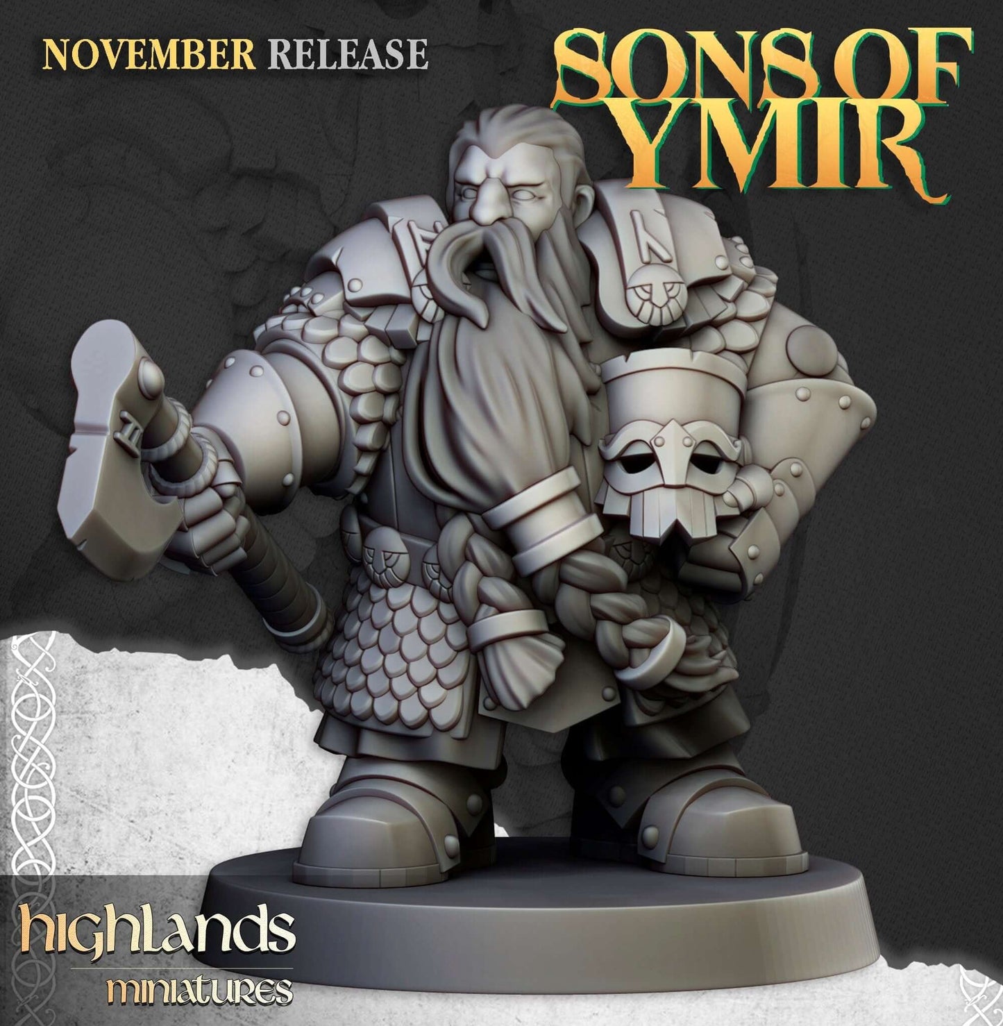 "Highlands Miniatures Dwarfs Huscarl battle-tested armor detail close-up Border3D LLC"