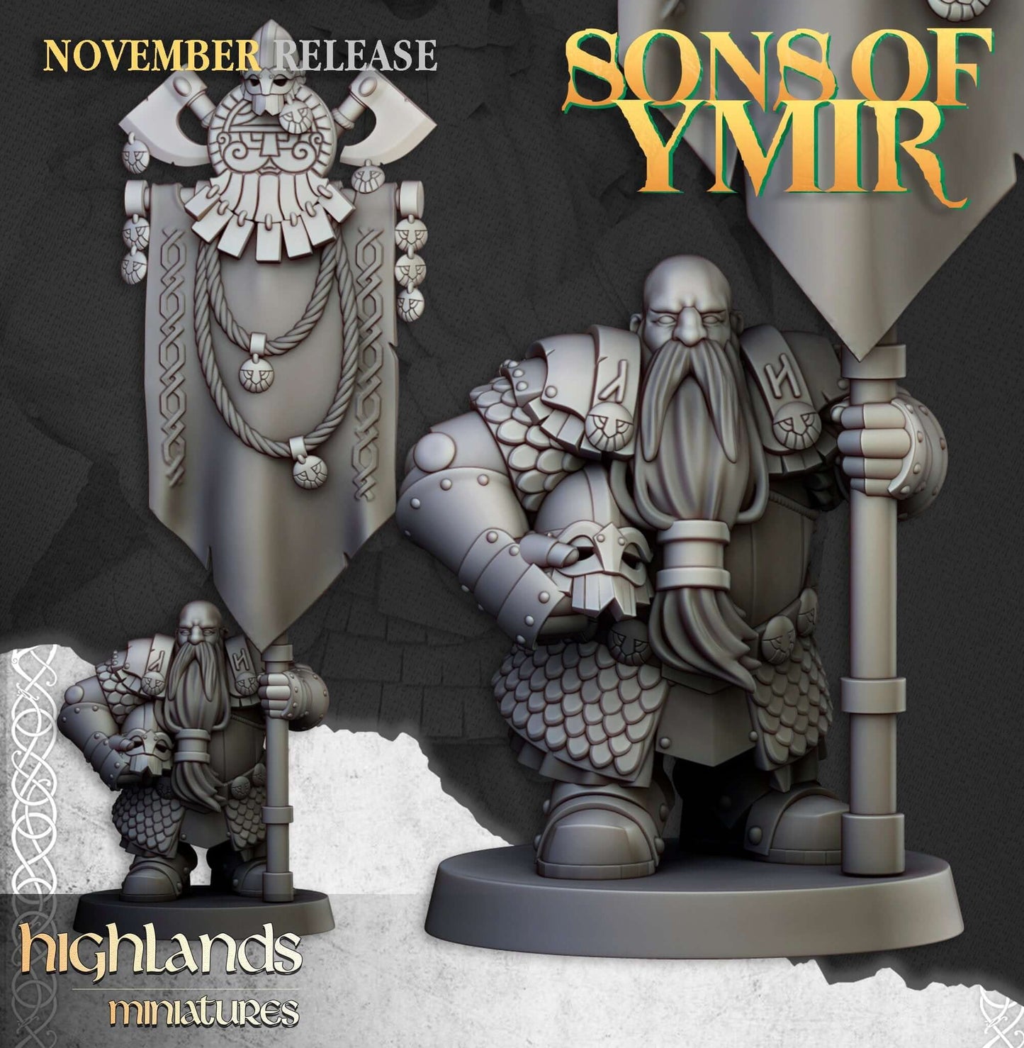 "Highlands Miniatures Dwarfs Huscarl household guard side angle Border3D LLC"