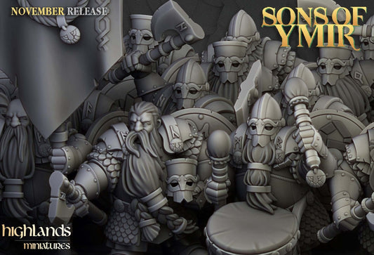 "Highlands Miniatures Dwarfs Huscarl 32mm resin miniatures front view Border3D LLC"