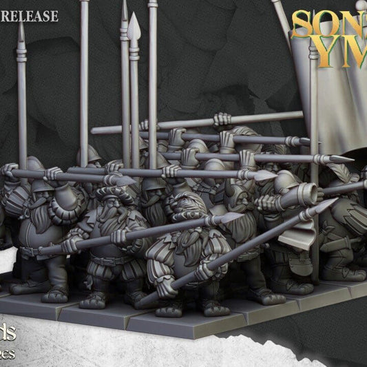 "Highlands Miniatures Dwarfs Pikeman 32mm resin miniatures front view Border3D LLC"