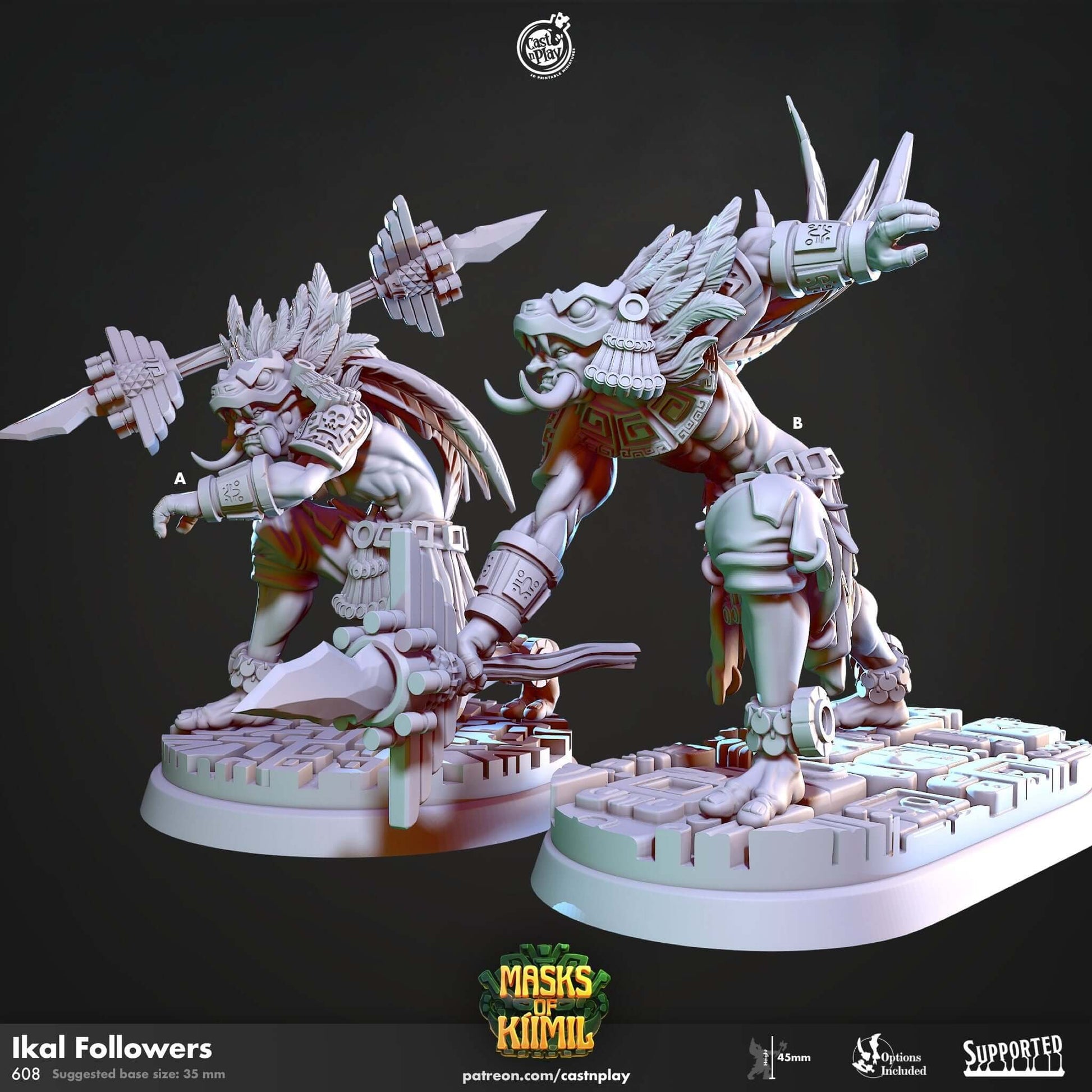 "Ikal Followers Cast N Play Masks of Kiimil 3D resin miniature's front view Border3D LLC"