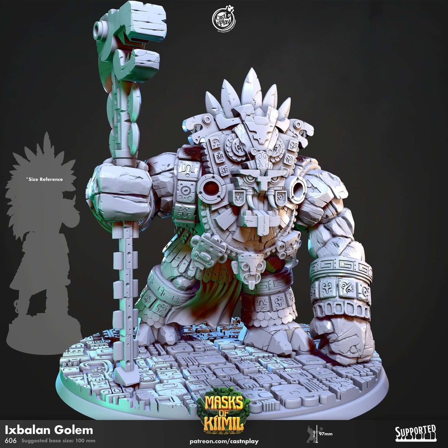 "Ixbalan Golem Masks Of Kiimil Tribal 3D resin miniature front view Border3D LLC"