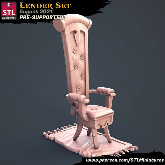 3D model of Lenders Chair STL Miniatures on a rug, showcased in August 2021 pre-supported release by STL Miniatures.