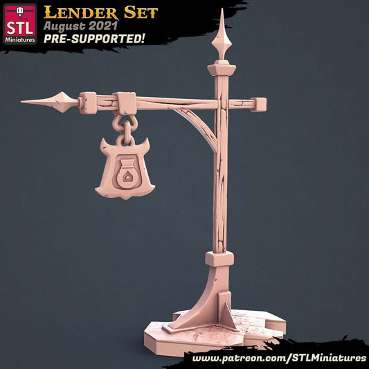 Lenders Sign Post STL Miniatures - August 2021 pre-supported set by STL Miniatures on a dark background