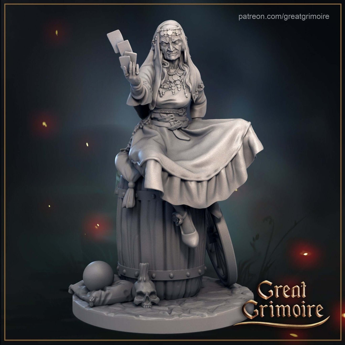 "Grim Miniatures Madame Astra Great Grimoire Miniatures fortune teller side angle Border3D LLC"
