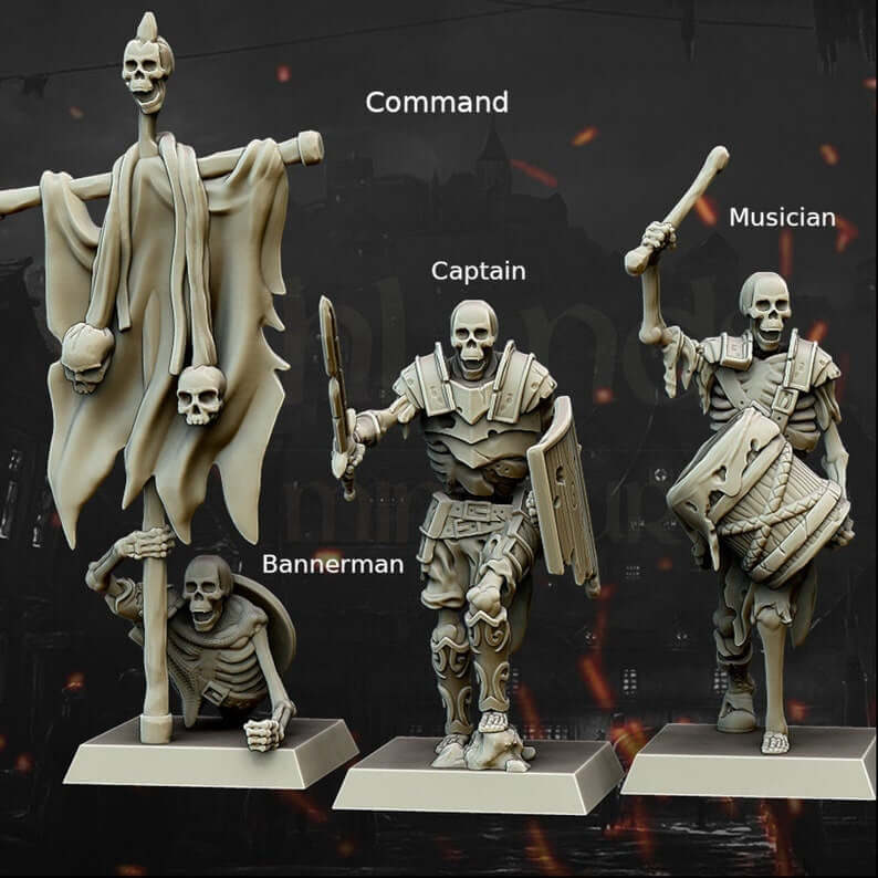 "Highlands Miniatures Skeleton Spearmen Command Group leadership unit side angle Border3D LLC"
