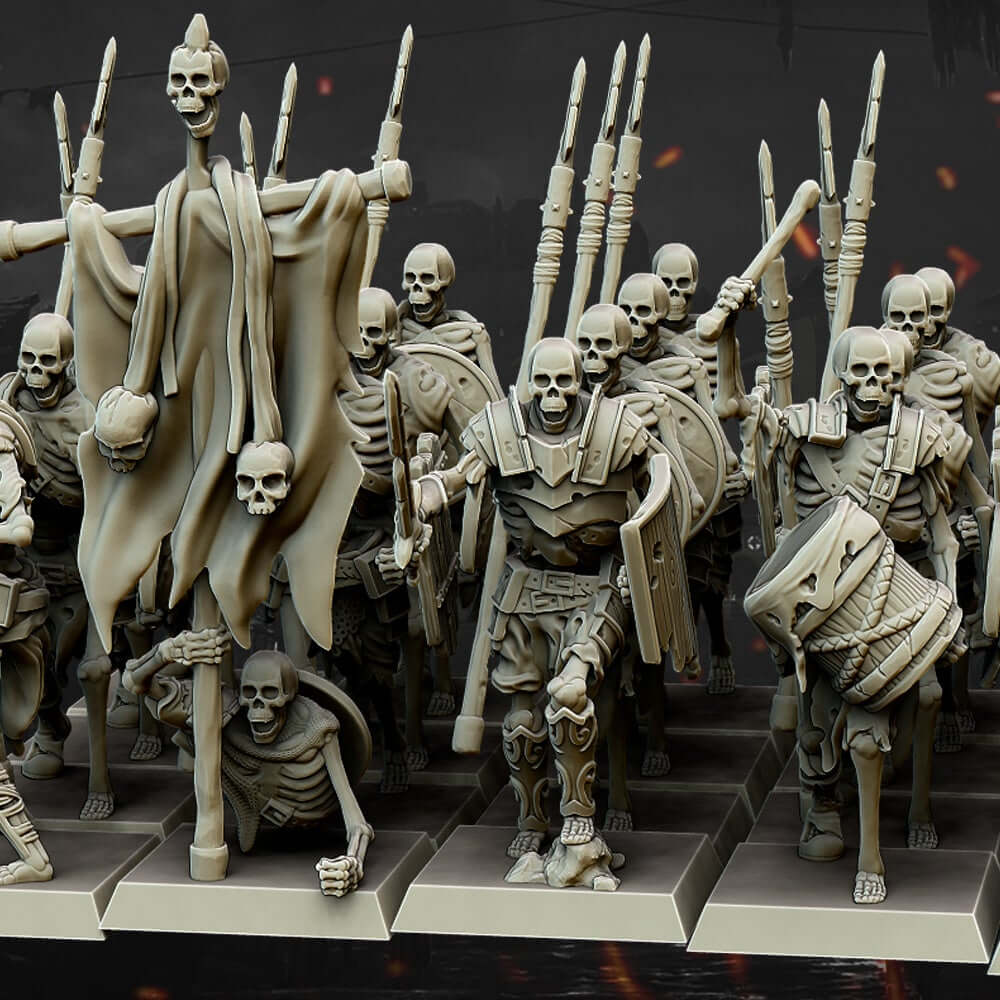 "Highlands Miniatures Skeleton Spearmen Command Group 32mm resin miniatures front view Border3D LLC"