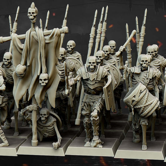 "Highlands Miniatures Skeleton Spearmen Command Group 32mm resin miniatures front view Border3D LLC"