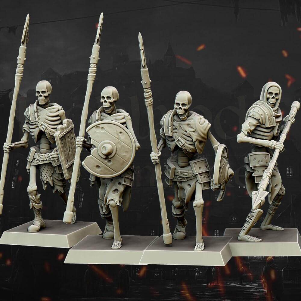 "Highlands Miniatures Skeleton Spearmen Command Group miniatures back view Border3D LLC"