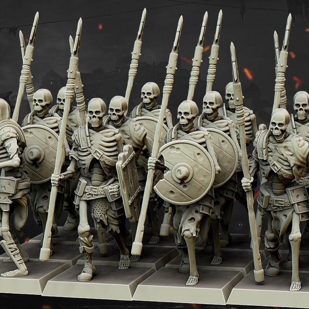 "Highlands Miniatures Skeleton Spearmen Command Group tattered banners detail close-up Border3D LLC"