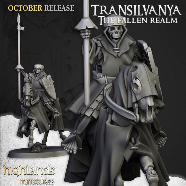 "Highlands Miniatures Spectres Of Transilvanya Mounted Skeleton Unit spectral cavalry side angle Border3D LLC"