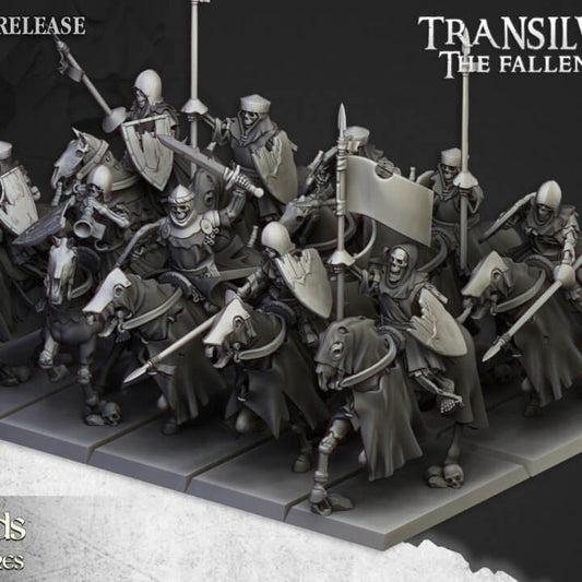 "Highlands Miniatures Spectres Of Transilvanya Mounted Skeleton Unit 32mm resin miniatures front view Border3D LLC"