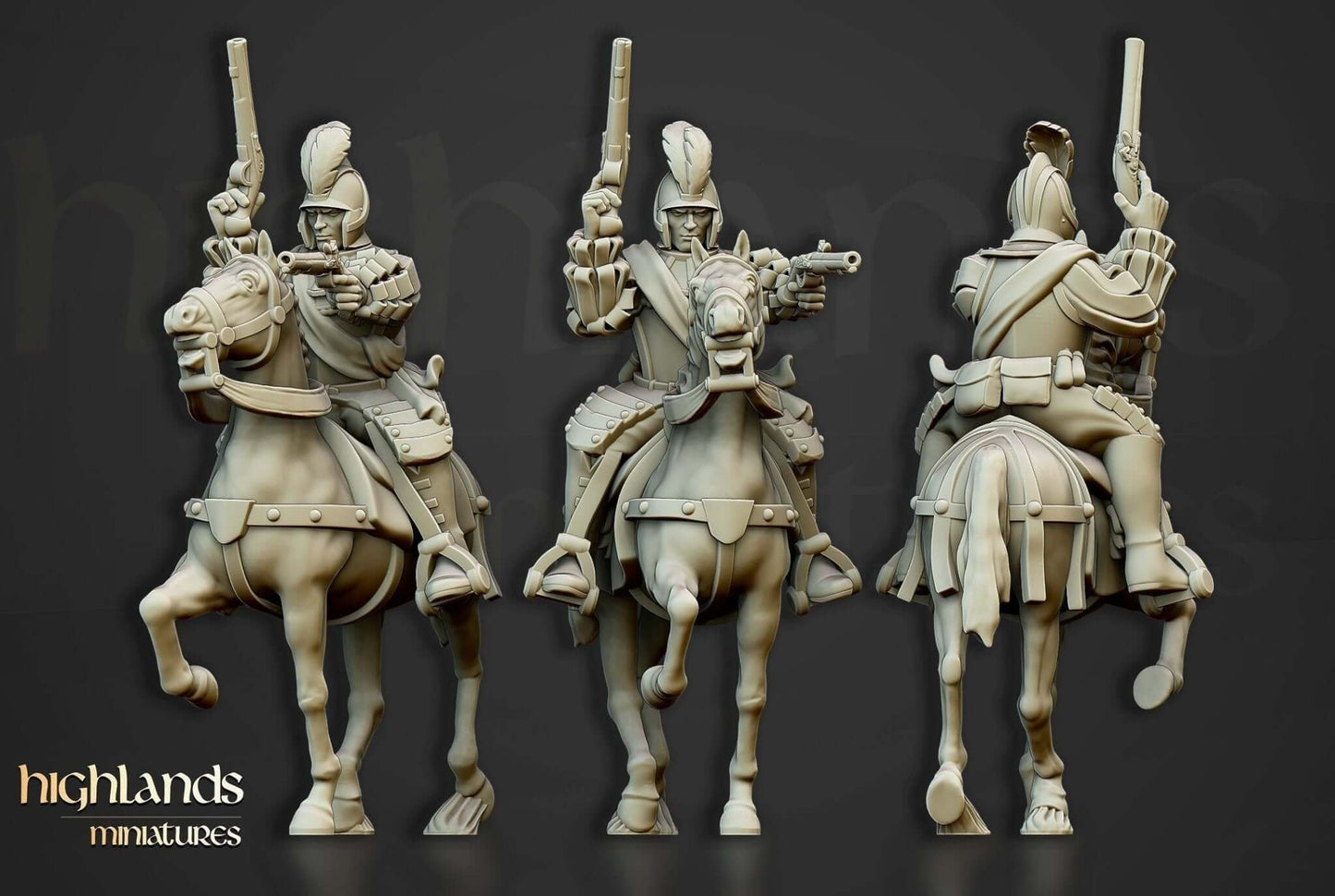 Highlands Miniatures The Black Riders fast cavalry resin figurines with pistols on horseback, showcasing dark fantasy reiters.