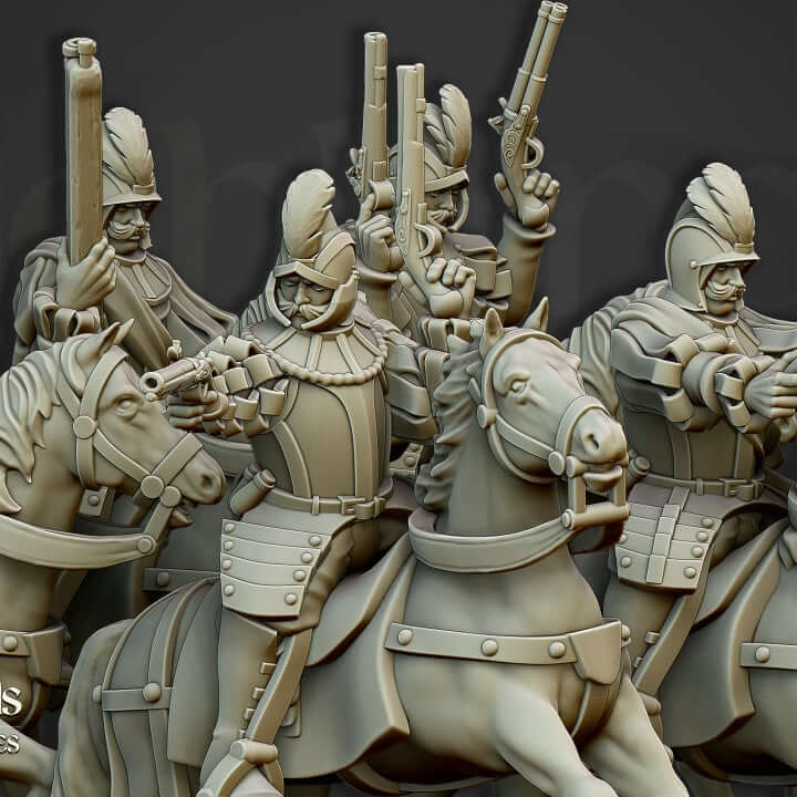 Highlands Miniatures The Black Riders 3D resin cavalry set with pistol-wielding reiters in dark fantasy style by Border3D LLC.