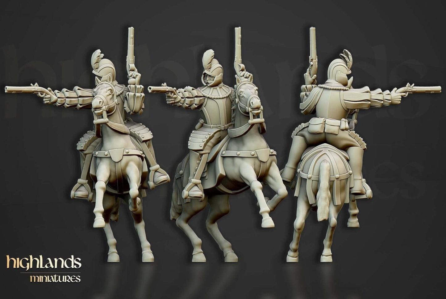 Highlands Miniatures The Black Riders 3D printed resin cavalry set with pistol-wielding reiters for tabletop gaming