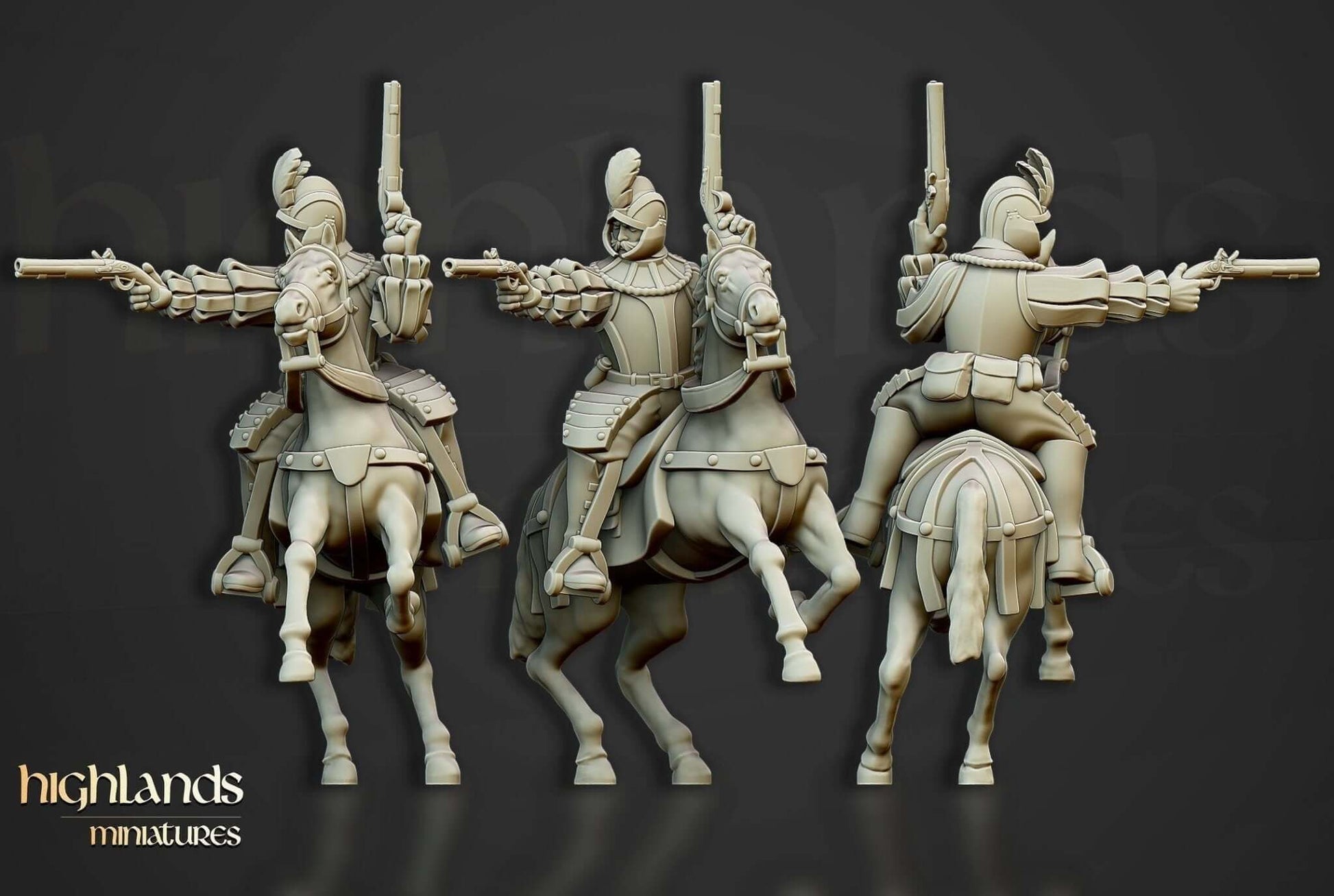 Highlands Miniatures The Black Riders 3D printed resin cavalry set with pistol-wielding reiters for tabletop gaming