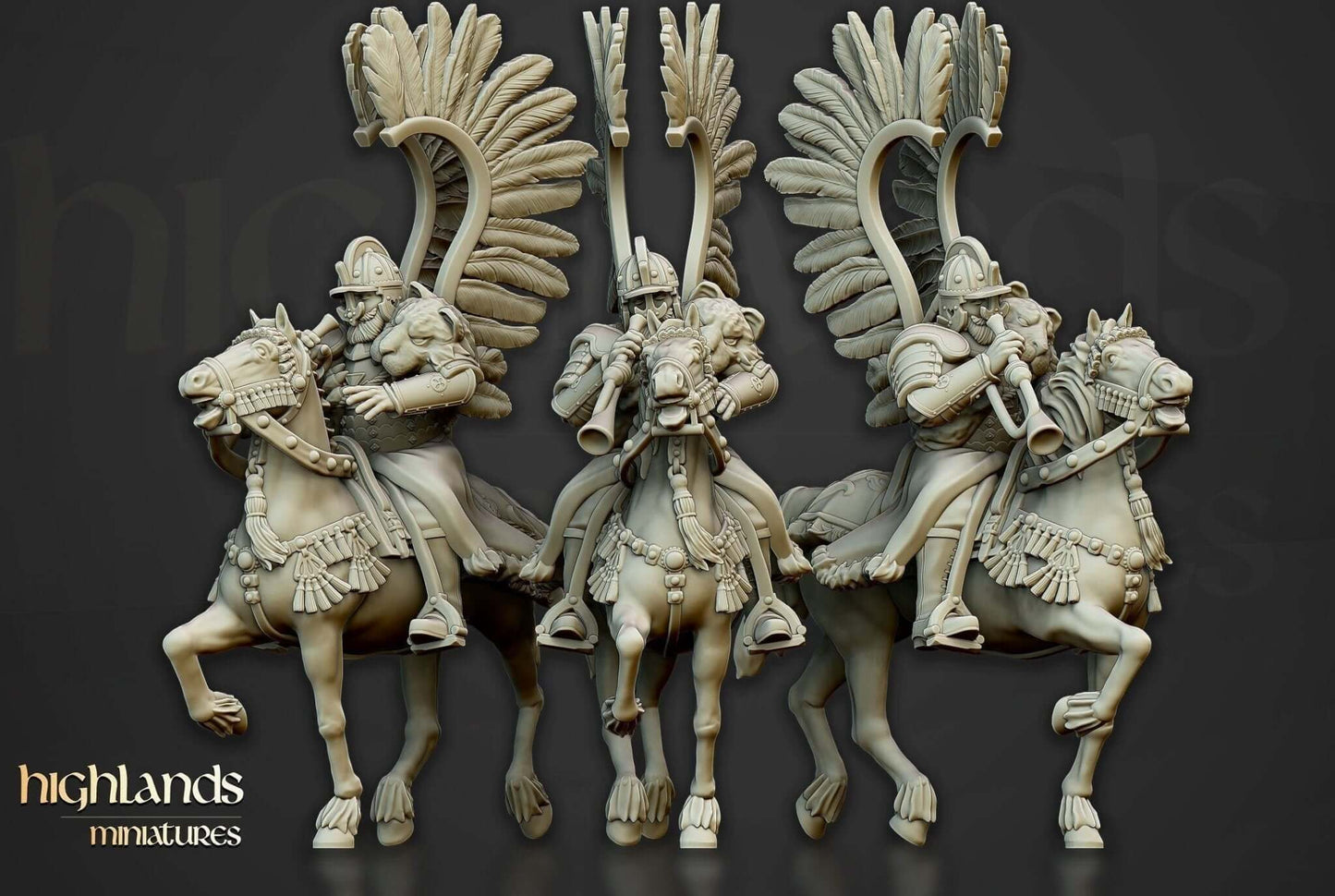 Highlands Miniatures The Winged Hussar resin figures showcasing elite cavalry with detailed feathered wings and lances.