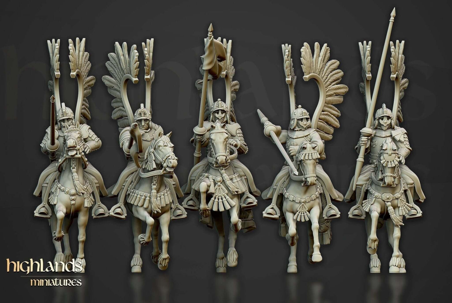 Highlands Miniatures The Winged Hussar resin figures by Border3D, showcasing elite cavalry with feathered wings and lances.