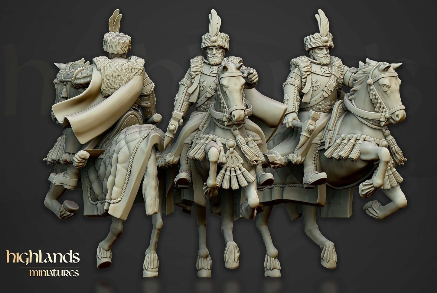 Highlands Miniatures The Winged Hussar 3D printed resin model showcasing elite cavalry with feathered wings.