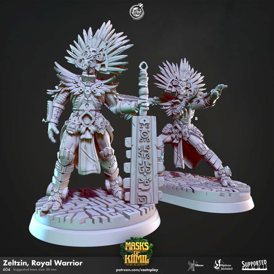 "Zeltzin Royal Warrior Cast N Play Masks Of Kiimil 3D resin miniature front view Border3D LLC"